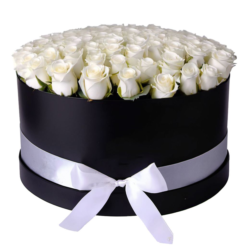 box, oasis, white rose (101 pcs.), packaging, ribbon