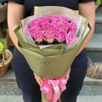 pink rose (15 pcs.), packaging, ribbon