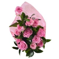 pink rose (13 pcs.), ruscus, packaging, ribbon