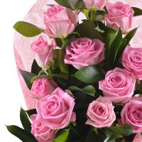 pink rose (13 pcs.), ruscus, packaging, ribbon