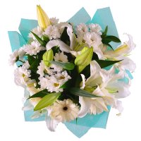 gerbera, lily, chrysanthemum, packaging, ribbon