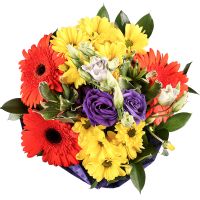 gerbera, eustoma, chrysanthemum, packaging, ribbon