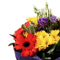 gerbera, eustoma, chrysanthemum, packaging, ribbon