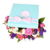 tulip, chrysanthemum, oasis, box, statice, rose, packaging, ribbon