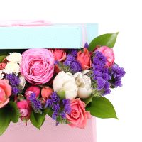 tulip, chrysanthemum, oasis, box, statice, rose, packaging, ribbon