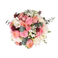 vuvuzela rose, freesia (7 pcs.), spray roses, eucalyptus, skimmia, packaging, ribbon