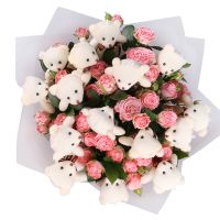 spray roses (7 pcs.), bear (15 cm), packaging, ribbon