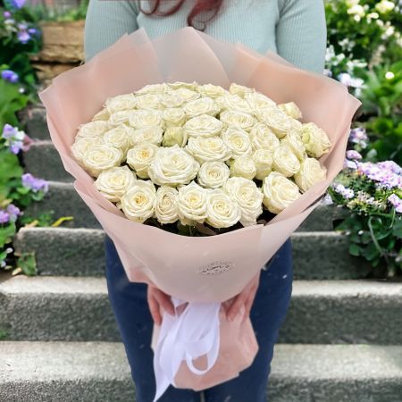 white rose (51 pcs.), packaging, ribbon