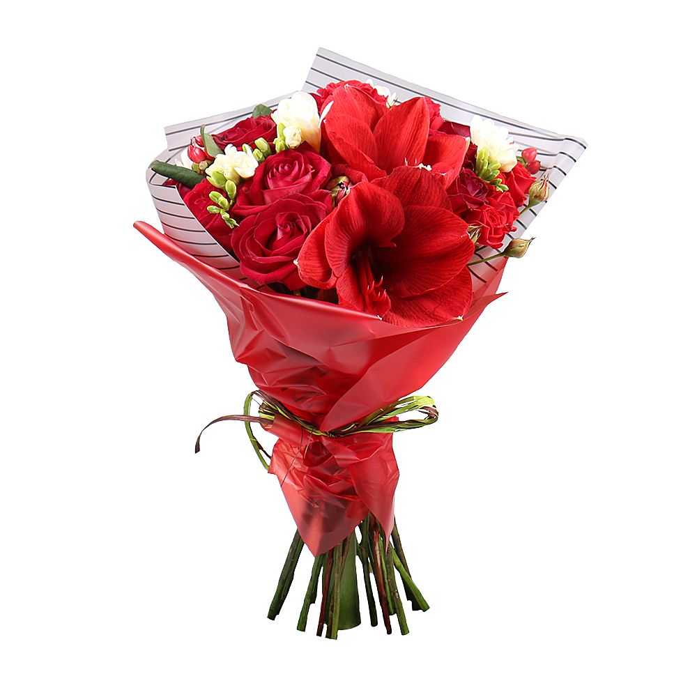 rose (15 pcs.), freesia, hypericum, amaryllis, spray rose, packaging, ribbon