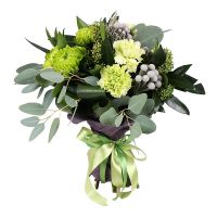 brunia, carnation (4 pcs.), single-headed chrysanthemum, skimmia, packaging, ribbon