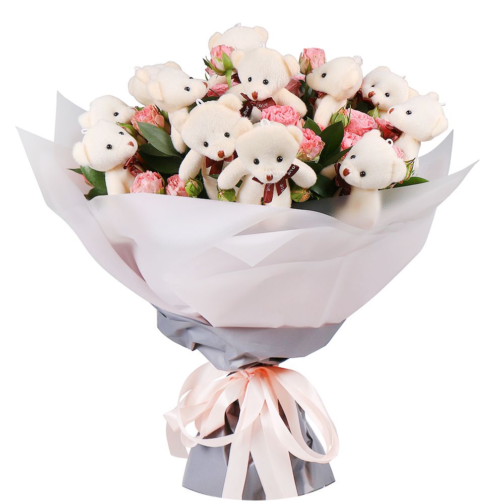 spray roses (7 pcs.), bear (15 cm), packaging, ribbon