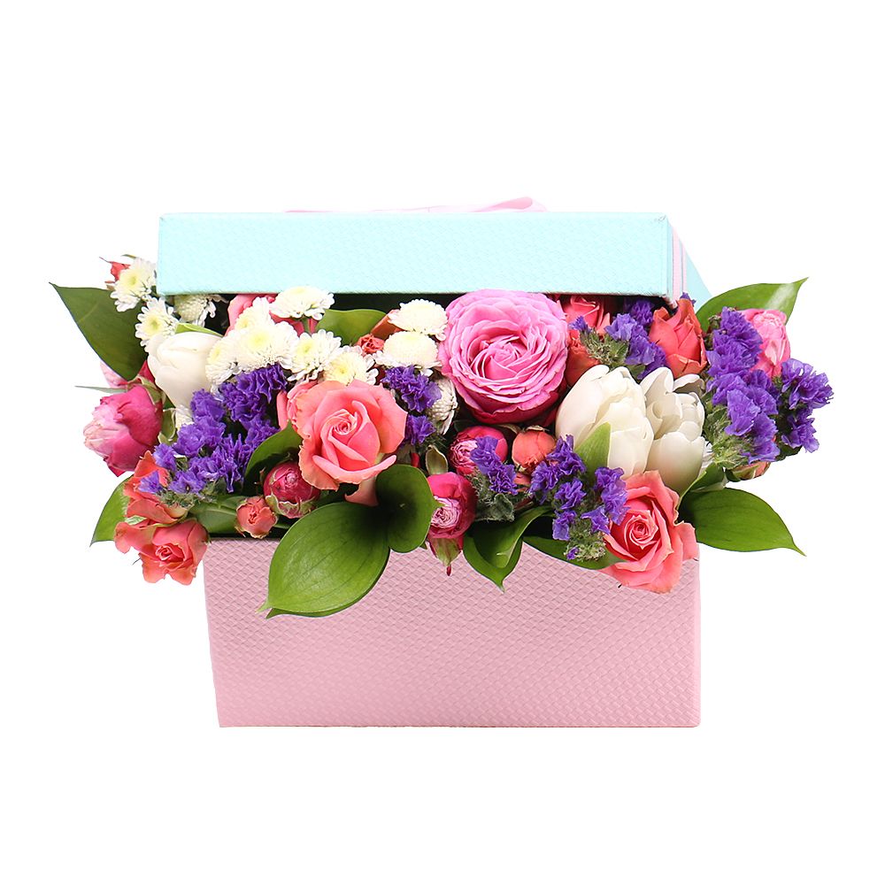 tulip, chrysanthemum, oasis, box, statice, rose, packaging, ribbon