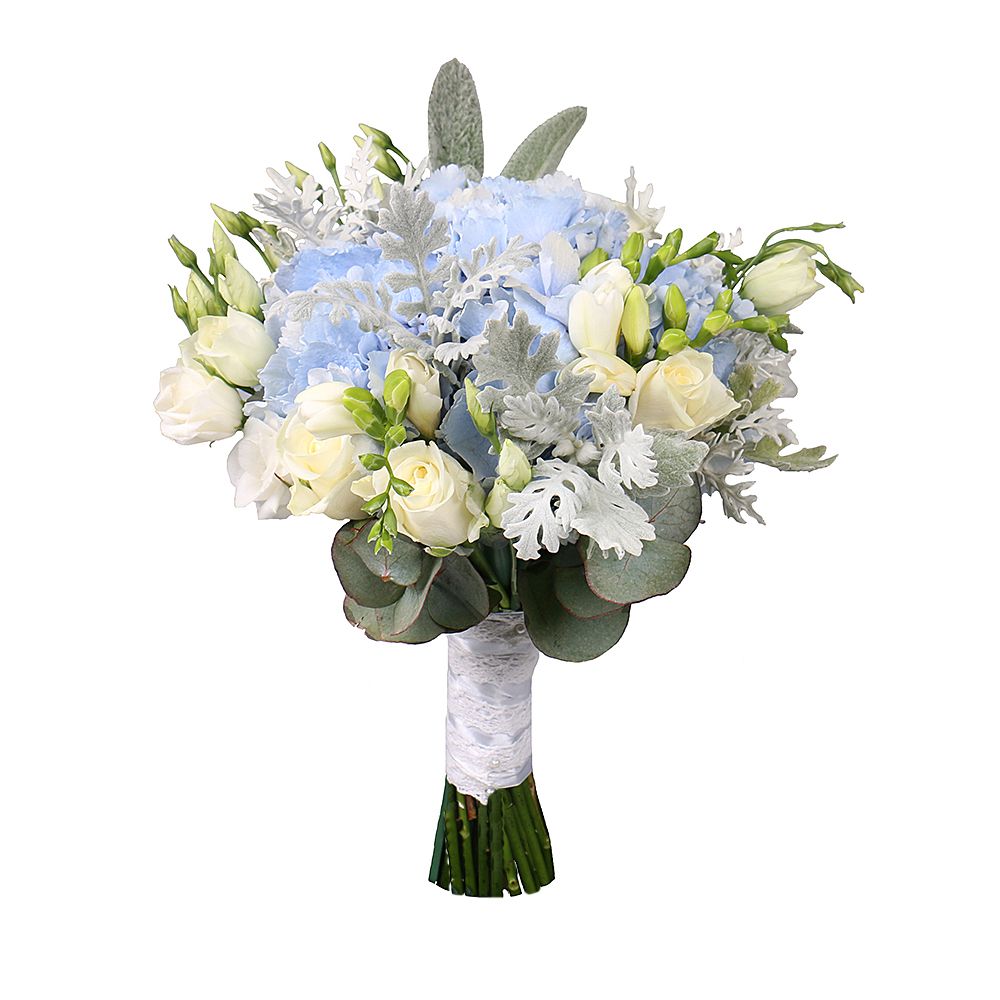 cineraria, hydrangea, eucalyptus, eustoma, freesia, rose (7 pcs.), packaging, ribbon