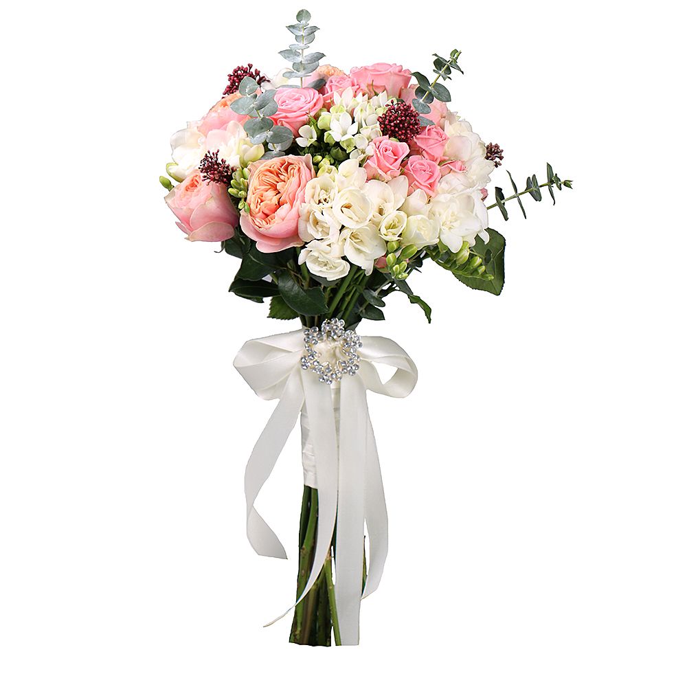 vuvuzela rose, freesia (7 pcs.), spray roses, eucalyptus, skimmia, packaging, ribbon