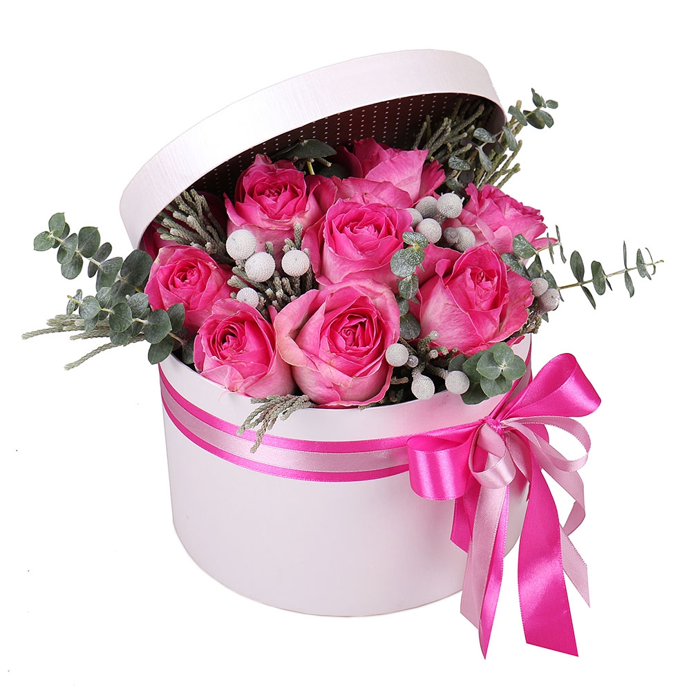 eucalyptus, brunia, oasis, round box m 20x21cm, jumilia rose (11 pcs.), packaging, ribbon