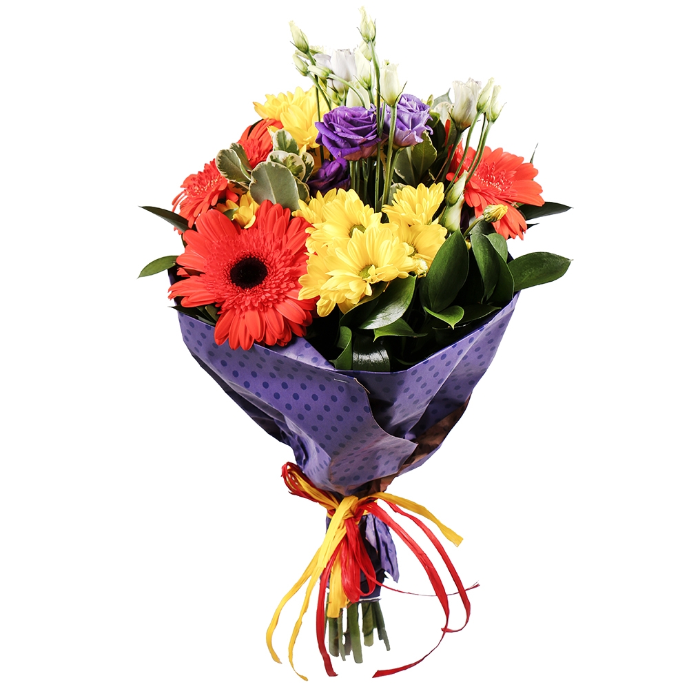 gerbera, eustoma, chrysanthemum, packaging, ribbon