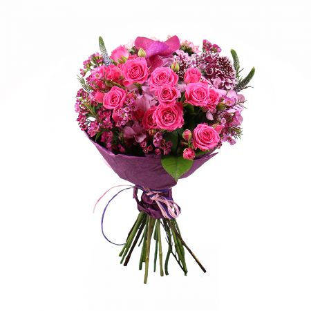 pink hydrangea, bouvardia (2 pcs.), spray roses (3 pcs.), scabiosa (3 pcs.), speedwell (3 pcs.), chamelacium, packaging, ribbon