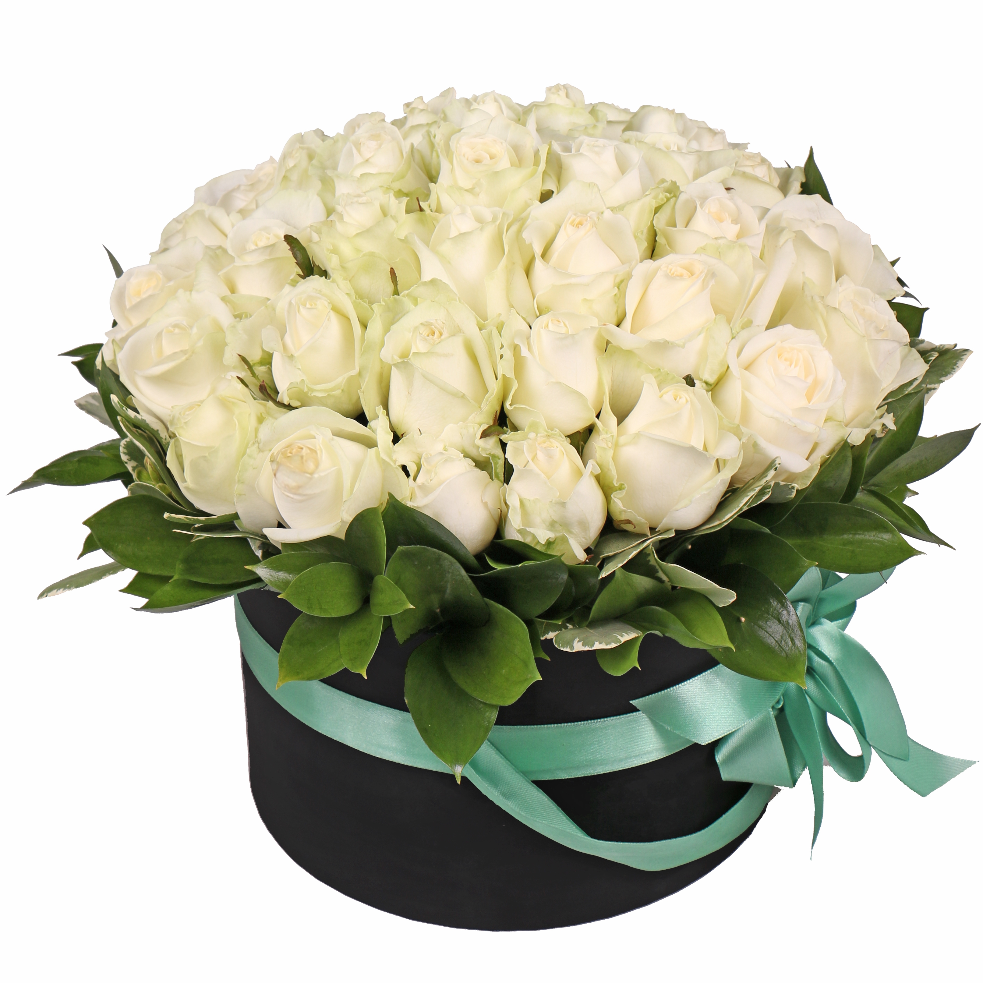 white rose (35 pcs.), box, packaging, ribbon